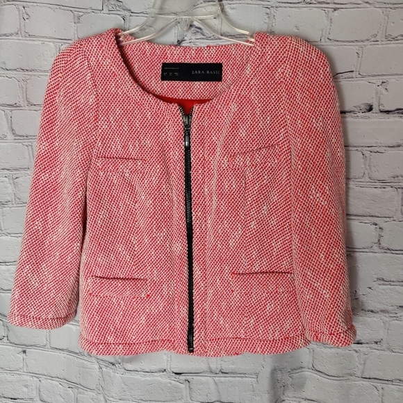 Zara Tweed Zip Blazer Jacket Pink Orange Size XS - Picture 1 of 5
